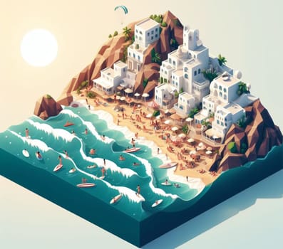 isometric 3d render of a touristic happy colored crowded village at the sea in summertime ai generative art