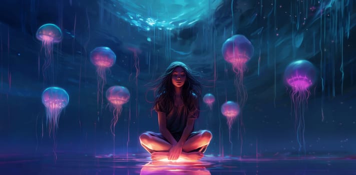 A girl meditates and a flock of luminous jellyfish flies on top of her in 5k