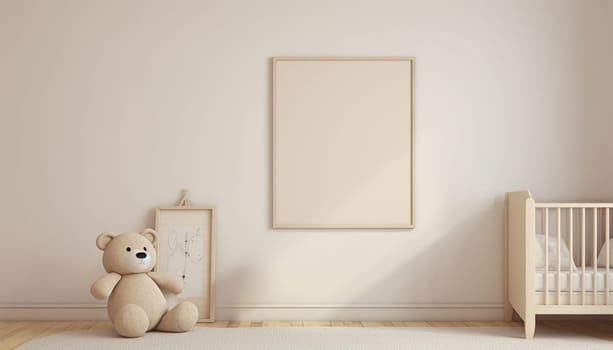 Nursery child's room light brown,nude color,creme interior Mockup wall in the children's room on wall.3D Rendering Bright stylish design cute and cozy Copy space