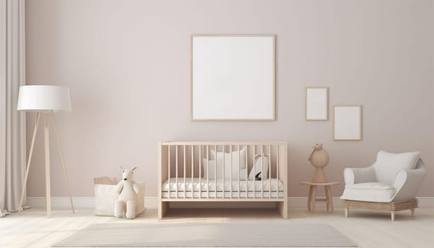 Nursery child's room light brown,nude color,creme interior Mockup wall in the children's room on wall.3D Rendering Bright stylish design cute and cozy Copy space