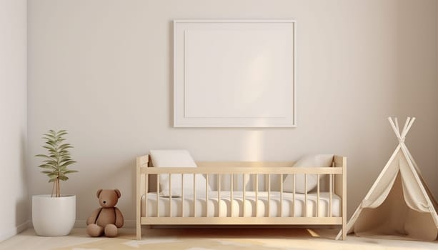 Nursery child's room light brown,nude color,creme interior Mockup wall in the children's room on wall.3D Rendering Bright stylish design cute and cozy Copy space