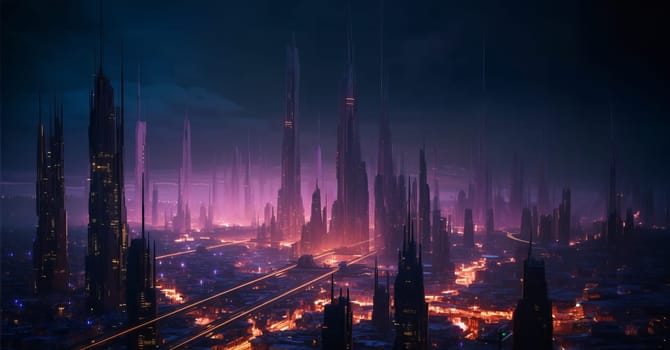 Futuristic city of the future, gloomy tones, fog, strict geometry, burning lights in high-rise buildings in 5k