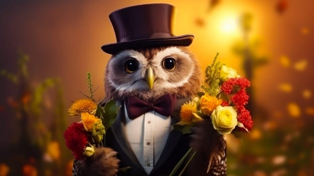 An owl in a top hat and a suit with a large bouquet of flowers. Concept for birthday, holiday, animal protection day, Valentine's day