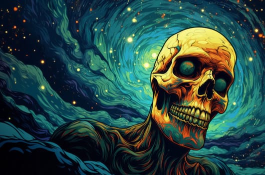 Abstract skull on the background of the starry sky in 4k