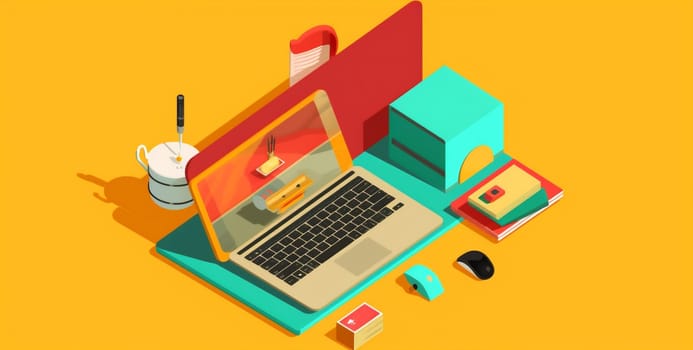 template screen technology laptop isolated desktop gadget colours equipment object desk office web background business mock yellow modern icon design computer. Generative AI.