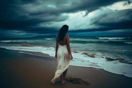 sea woman storm young beauty nature summer walking travel looking vacation water outdoors sky beach cloud dress body model ocean horizon. Generative AI.