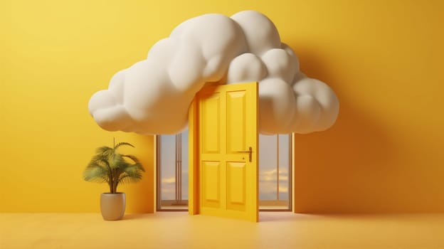 space door room minimal cloud abstract heaven scene yellow stand light cylinder stage copy air pedestal wall object round empty showcase. Generative AI.