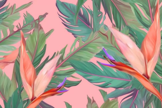 trendy watercolor pink blossom hibiscus colorful pattern seamless art jungle textile floral white beach tropical leaf flower wallpaper tropic orange. Generative AI.