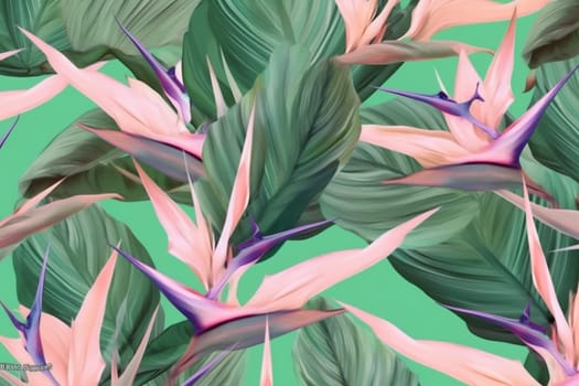 design trendy tropical colorful art texture green red orange vintage flower palm seamless decoration abstract pink eco pattern leaf jungle. Generative AI.