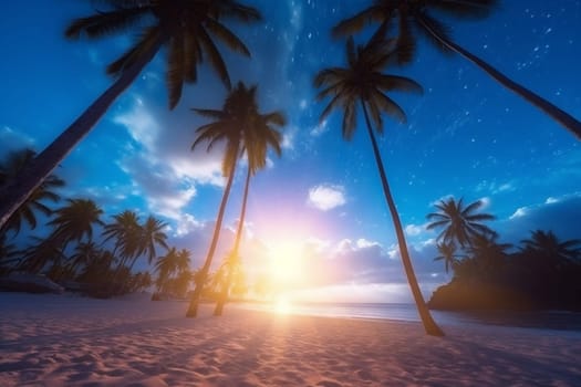 tranquil sea ocean palm water surf sunset evening orange holiday sky sunny tree sunrise beach sun sunlight island tropical landscape. Generative AI.