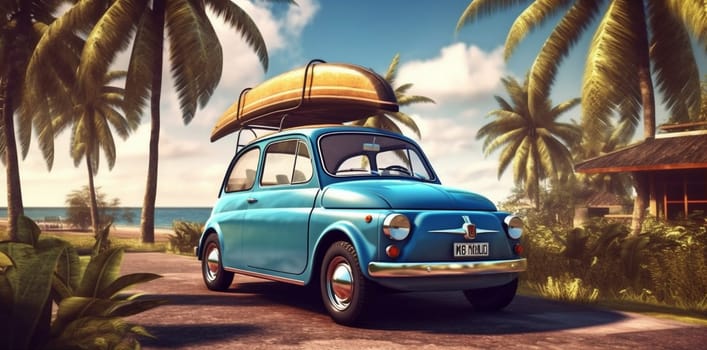 sand nature tropical retro summer yellow poster beach surfing travel vehicle happy trip drive old-fashioned tourism car road vintage vacation. Generative AI.