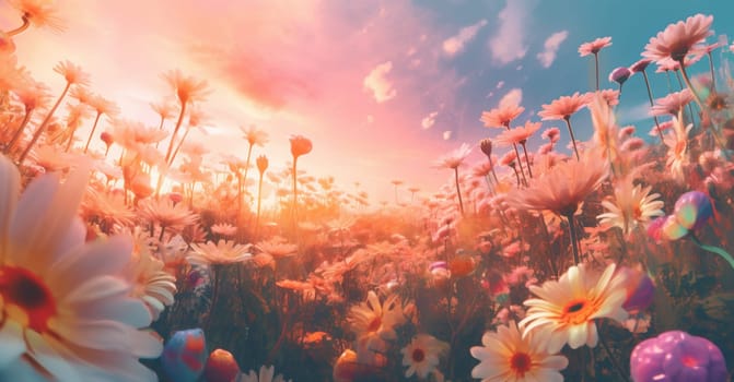 flower violet background fresh flora beautiful bloom nature blooming spring wild landscape sunset field sunny pink countryside pastel meadow sunlight natural. Generative AI.