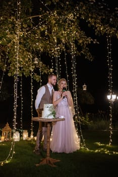 newlyweds happily cut, laugh and taste the wedding cake