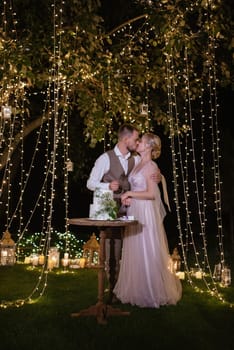 newlyweds happily cut, laugh and taste the wedding cake