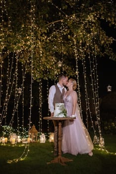 newlyweds happily cut, laugh and taste the wedding cake