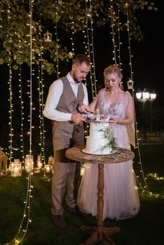 newlyweds happily cut, laugh and taste the wedding cake