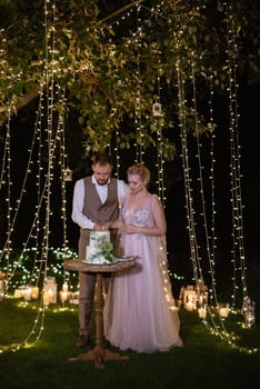 newlyweds happily cut, laugh and taste the wedding cake