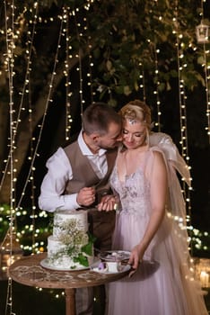 newlyweds happily cut, laugh and taste the wedding cake