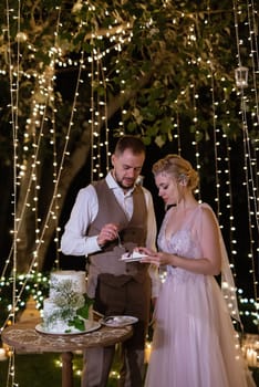 newlyweds happily cut, laugh and taste the wedding cake