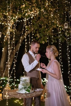 newlyweds happily cut, laugh and taste the wedding cake