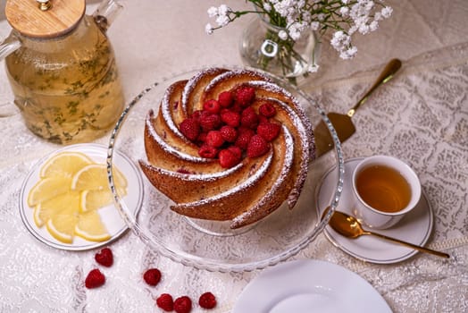 perfect Cake with raspberries on the table in 4k