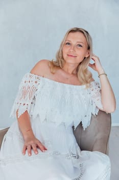 blonde bride woman in summer knitted dress