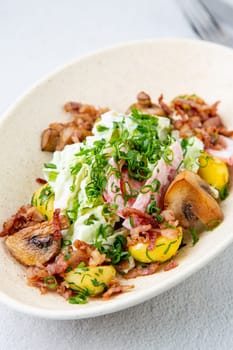 salad with potatoes, rice, meat and green onions