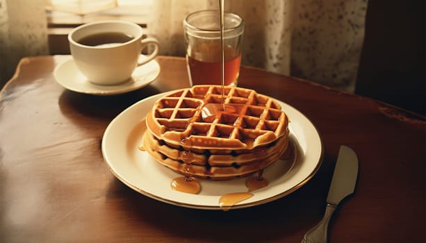 Freshly baked waffles with syrup vintage design. breakfast concept in the 80s,70s. In retro kitchen on wooden table. Natural light, selective focus. cozy
