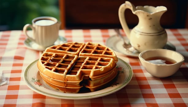 Freshly baked waffles with syrup vintage design. breakfast concept in the 80s,70s. In retro kitchen on wooden table. Natural light, selective focus. cozy