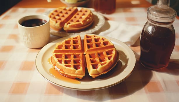 Freshly baked waffles with syrup vintage design. breakfast concept in the 80s,70s. In retro kitchen on wooden table. Natural light, selective focus. cozy