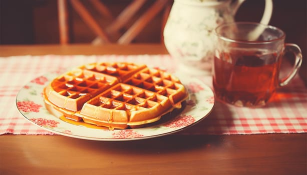 Freshly baked waffles with syrup vintage design. breakfast concept in the 80s,70s. In retro kitchen on wooden table. Natural light, selective focus. cozy