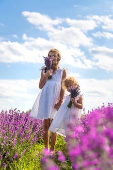 Children in a lavender field. Selective focus. Nature.