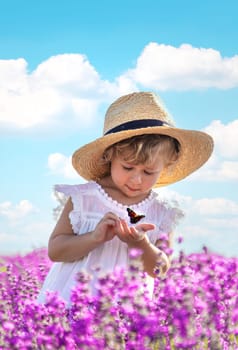 A child looks at a butterfly on flowers. Selective focus. Nature.