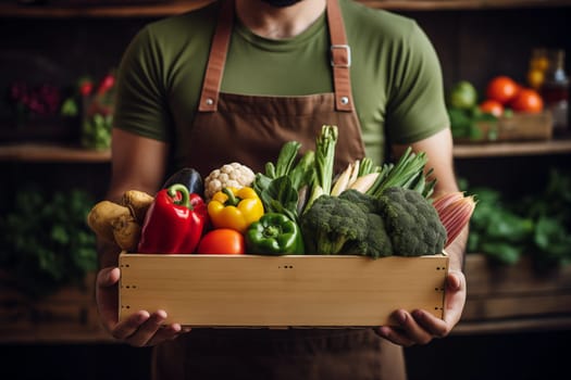 A man holds a box of fresh vegetables from the garden. Buying or selling fresh vegetables. AI generative.