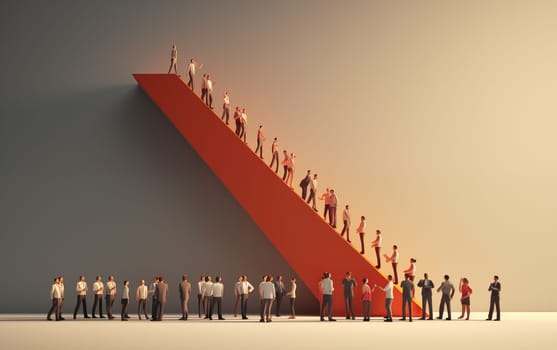 A group of people stand in a row, while another group of ladies climbs up the stairs. Business success concept. Generation Ai.