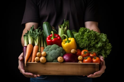 A man holds a box of fresh vegetables from the garden. Buying or selling fresh vegetables. AI generative.