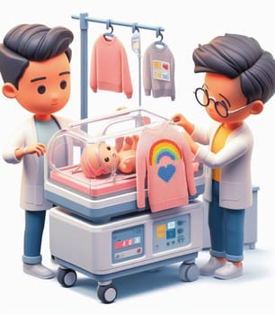 illustration depicting medical staff people at the hospital take care of newborn baby ai generated