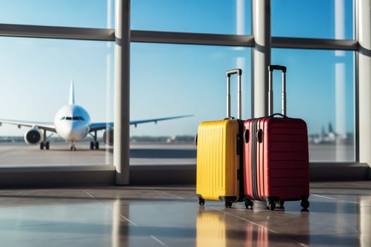 Two suitcases in an airport hallway. Generative AI