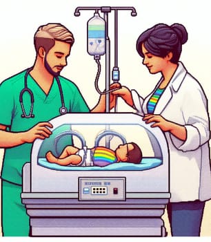 illustration depicting medical staff people at the hospital take care of newborn baby ai generated