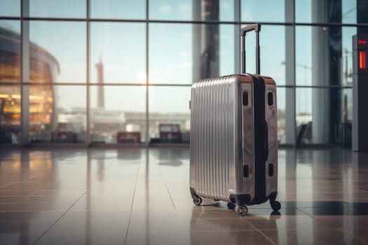 Silver suitcase in an airport hallway. Generative AI