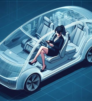 business woman working from autonomous driving ev car traveling fast in city traffic generative ai art