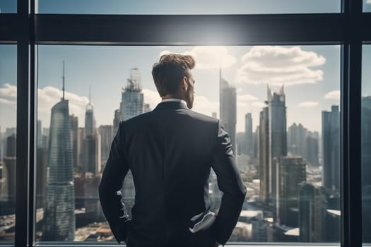 Young businessman standing in front of an office window, overlooking the city skyline. Generative AI