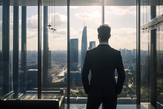 Young businessman standing in front of an office window, overlooking the city skyline. Generative AI