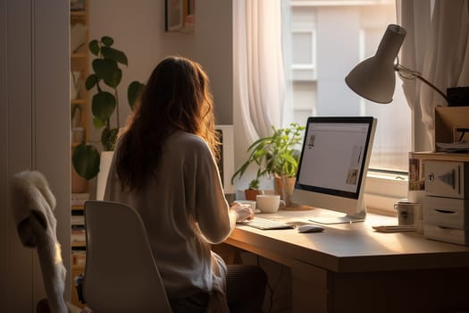 Young woman working from home in front of a computer monitor. The apartment is minimalistic, with plants. Generative AI