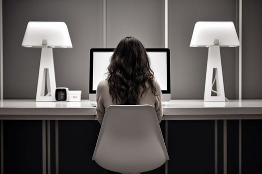 Young woman working from home in front of a computer monitor. The apartment is minimalistic. Generative AI