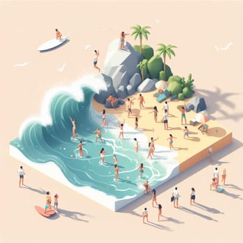 people having fun in the beach, isometric view, sea waves, 3d illustration generative ai art