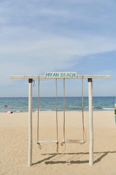 Da Nang, Vietnam - Juny 27, 2023: View of the seafronts on the south end of the golden sand beach My Khe, Danang beach on a sunny day. High quality photo