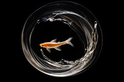 A Majestic Goldfish Swimming Gracefully in a Serene Bowl of Water, Surrounded by a Mysterious Black Background