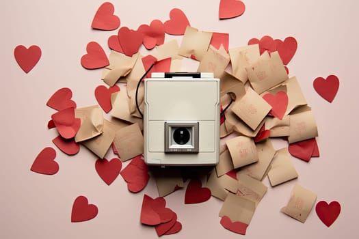 Capturing Love: A Camera Amidst a Heart-Filled Wall Created With Generative AI Technology