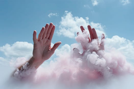 Reaching for the Infinite Horizon: Hands Stretching Towards the Boundless Sky Created With Generative AI Technology